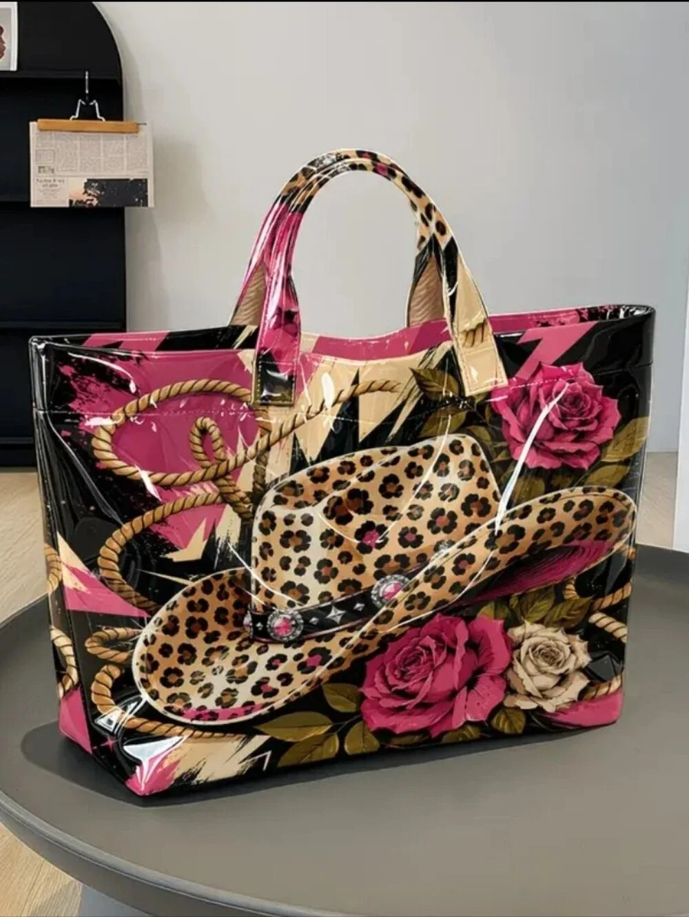 Western Leopard Print Cowgirl Hat And Rope PVC Daily Commuter Tote